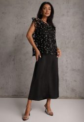 Czarna Bawełniano-Wiskozowa Sukienka Slip Dress z Ozdobną Narzutką Sagossia. Czarne trampki i tenisówki damskie Renee, z aplikacjami, z bawełny, bez zapięcia. Za 249.99 zł.