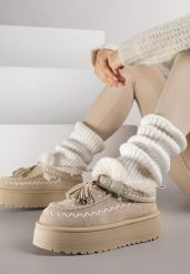 Beżowe Śniegowce na Grubej Podeszwie z Frędzlami i Haftem Linodis. Brązowe śniegowce i trapery damskie Born2be, z jeansu. Za 119.99 zł.