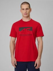 4F T-shirt regular z nadrukiem męski - czerwony L. Czerwone t-shirty męskie 4f, l, bez wzorów, z bawełny, bez kołnierzyka. Za 69.99 zł.
