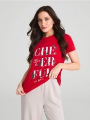 Koszulka świąteczna - czerwony. Czerwone t-shirty damskie Sinsay, l, bez wzorów, z bawełny, wizytowe, bez kołnierzyka. Za 19.99 zł.