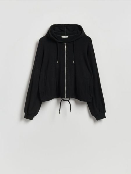 Rozpinana bluza z wiskozą - czarny. Czarne bluzy damskie Reserved, l, bez wzorów, z dzianiny, bez kaptura. W wyprzedaży za 59.99 zł.