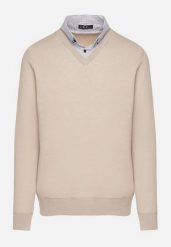 Beżowy Sweter z Wełną i Koszulowym Kołnierzykiem Espirra. Brązowe swetry przez głowę męskie Born2be, l, bez wzorów, z wełny, bez kołnierzyka. Za 59.99 zł.