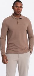 Ombre Męski strukturalny longsleeve polo z naszywką brązowy V4 OM-POLS-0131 M. Brązowe bluzki z długim rękawem męskie Ombre, m, z aplikacjami, bez ramiączek. Za 139.99 zł.