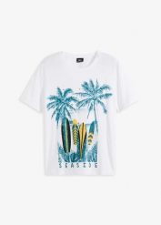 T-shirt z bawełny organicznej. Białe t-shirty męskie bonprix, na lato, m, bez wzorów, z bawełny, bez kołnierzyka. Za 54.99 zł.