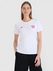4F Koszulka kibica damska - biała XXL. Białe koszulki sportowe damskie 4f, s, bez wzorów, z bawełny, bez kołnierzyka, bez ramiączek. Za 49.99 zł.