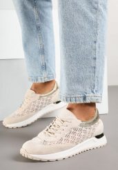 Beżowe Ażurowe Sneakersy Ozdobione Metalicznymi Wstawkami Sdivane. Brązowe obuwie sportowe damskie Born2be, w ażurowe wzory, z jeansu. Za 109.99 zł.