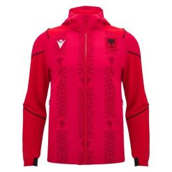 Kurtka dresowa z kapturem Albania Anthem. Czerwone kurtki męskie Macron, xl, bez wzorów, z dresówki, z kapturem. Za 369.30 zł.