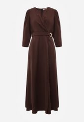 Brązowa Elegancka Sukienka o Kopertowym Kroju Zdobiona Aplikacją w Talii Zilendra. Brązowe sukienki dla dziewczynek Renee, z aplikacjami, eleganckie, bez ramiączek. Za 169.99 zł.