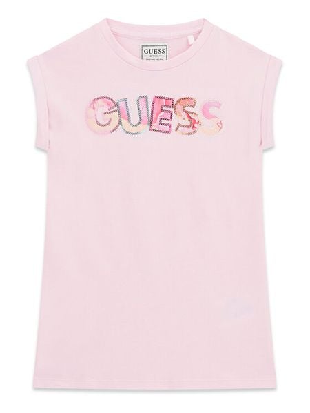 Guess Sukienka codzienna K6GK10 KAE24 Różowy jasny Regular Fit. Czerwone sukienki dla dziewczynek Guess, z aplikacjami, z bawełny, bez ramiączek. Za 119.99 zł.
