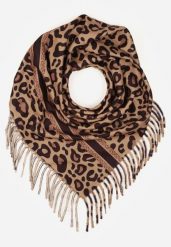 Ciemnobrązowy Wiskozowy Szalik w Panterkę Wykończony Frędzlami Alefera. Brązowe szaliki i chusty damskie Renee, bez wzorów, z jeansu. Za 39.99 zł.