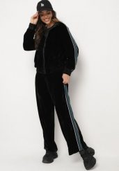 Czarny Welurowy Komplet Dresowy z Ozdobnym Lampasem Bluza ze Stójką i Proste Spodnie Seralina. Czarne bluzy damskie Born2be, l, bez wzorów, z dresówki. Za 109.99 zł.