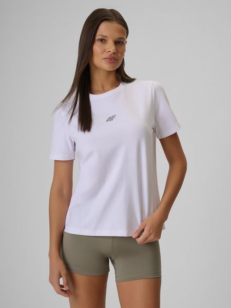 4F T-shirt regular gładki damski - biały S. Białe koszulki sportowe damskie 4f, s, bez wzorów, z materiału, bez kołnierzyka, bez ramiączek, na fitness i siłownię. Za 49.99 zł.