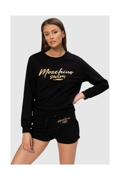 MOSCHINO Czarna bluza damska ze złotym logo, Rozmiar M. Czarne bluzy damskie MOSCHINO, m, z aplikacjami, z bawełny, bez kaptura. W wyprzedaży za 379.99 zł.