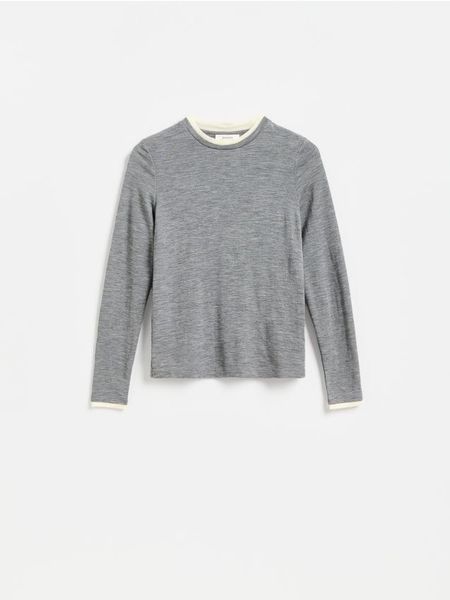 Wełniana bluzka - szary. Szare bluzki damskie Reserved, l, bez wzorów, z wełny, bez kołnierzyka, bez ramiączek. Za 159.99 zł.