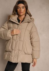 Beżowa Kurtka Oversize z Pikowanymi Przeszyciami i Kapturem Galeana. Brązowe kurtki damskie Renee, na zimę, xl, bez wzorów, z dzianiny. Za 199.99 zł.