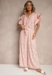 Różowy Komplet Ażurowy Bluzka o Koszulowym Kroju i Spodnie z Szeroką Nogawką Linaniria. Czerwone bluzki damskie Renee, l, w ażurowe wzory, eleganckie, bez kołnierzyka, bez ramiączek. Za 139.99 zł.