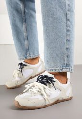 Beżowo-Szare Sneakersy z Kontrastującymi Sznurówkami i Przeszyciami Nanlita. Brązowe obuwie sportowe damskie Renee, bez wzorów, z jeansu. Za 74.99 zł.