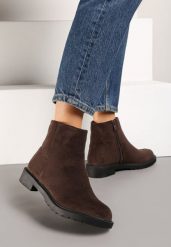 Brązowe Botki z Imitacji Zamszu w Eleganckim Stylu Niadoraea. Brązowe botki damskie Renee, na zimę, z jeansu, eleganckie, bez obcasa, na obcasie, bez zapięcia. Za 99.99 zł.