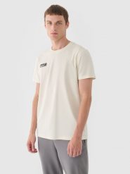 4F T-shirt regular gładki męski - beżowy M. Brązowe koszulki sportowe męskie 4f, m, bez wzorów, z bawełny, klasyczne, bez kołnierzyka. W wyprzedaży za 29.99 zł.