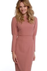 Elegancka sukienka z odkrytymi plecami i rozcięciem pudrowa. Sukienki damskie Sukienki.shop, na imprezę, m, bez wzorów, eleganckie, bez kołnierzyka, bez ramiączek. Za 369.00 zł.
