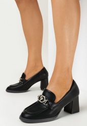 Czarne Półbuty na Grubym Słupku z Klamerką Selania. Czarne półbuty damskie Born2be, bez wzorów, biznesowe, bez obcasa, na słupku, bez zapięcia. Za 54.99 zł.