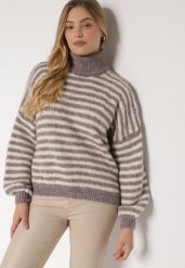 Szaro-Beżowy Golf z Domieszką Wełny w Paski Monallia. Szare swetry damskie Born2be, m, bez wzorów, z jeansu, eleganckie, bez kołnierzyka, bez ramiączek, bez kaptura. Za 159.99 zł.
