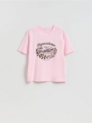 T-shirt z nadrukiem - pastelowy róż. Czerwone t-shirty damskie Reserved, l, bez wzorów, z bawełny, bez kołnierzyka. Za 69.99 zł.