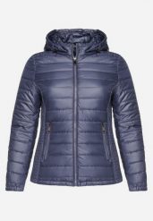 Granatowa Pikowana Kurtka z Opinanym Kapturem i Wstawkami z Gumek Terilinde. Niebieskie kurtki damskie Born2be, xl, bez wzorów. Za 119.99 zł.