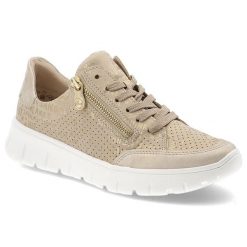 Półbuty damskie Rieker, antistress na platformie z dziurkami sznurowane i na zamek, beżowe, N1316-90. Brązowe półbuty damskie Rieker, bez wzorów, z jeansu, eleganckie, bez obcasa, na platformie, bez zapięcia. Za 305.99 zł.