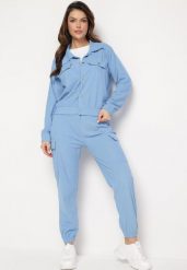 Niebieski Komplet Dresowy Utility z Bluzą z Kołnierzykiem i Joggerami z Szerokimi Klapami Imixa. Niebieskie bluzy damskie Born2be, l, z aplikacjami, z dresówki, bez kaptura. Za 84.99 zł.
