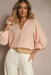 Beżowa Bluzka z Bawełny z Dekoltem w Kształcie Litery V i Kwiatowym Haftem Lisorella. Brązowe bluzki damskie Renee, l, bez wzorów, z bawełny, eleganckie, bez kołnierzyka, bez ramiączek. Za 54.99 zł.