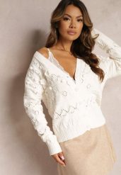 Jasnobeżowy Kardigan z Ażurowej Dzianiny z Naszytymi Kwiatami 3D Habera. Brązowe kardigany damskie Renee, na zimę, s, w ażurowe wzory, z dzianiny, boho, bez kołnierzyka, bez ramiączek, bez kaptura. Za 149.99 zł.