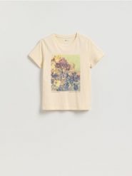 T-shirt z nadrukiem - kremowy. Białe t-shirty damskie Reserved, l, bez wzorów, z bawełny, bez kołnierzyka. Za 49.99 zł.