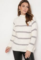 Beżowo-Szary Sweter z Wiskozą w Paski Dintia. Szare swetry damskie Born2be, uniwersalny, bez wzorów, z jeansu, eleganckie, bez kołnierzyka, bez ramiączek, długie, bez kaptura. Za 64.99 zł.