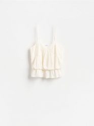 Bluzka z koronką - złamana biel. Bluzki damskie Reserved, l, bez wzorów, z koronki, bez kołnierzyka, bez ramiączek. Za 119.99 zł.