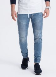 Ombre Spodnie męskie joggery jeansowe z przeszyciami - niebieskie V2 OM-PADJ-0113 S. Niebieskie spodnie materiałowe męskie Ombre, m, bez wzorów, z jeansu. Za 89.99 zł.