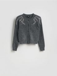 Kardigan z aplikacjami - ciemnoszary. Szare kardigany damskie Reserved, l, z aplikacjami, z dzianiny. Za 239.99 zł.