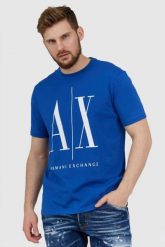 ARMANI EXCHANGE Niebieski t-shirt męski z dużym logo, Rozmiar L. Niebieskie t-shirty męskie Armani Exchange, l, bez wzorów, prążkowane, bez kołnierzyka. W wyprzedaży za 152.99 zł.