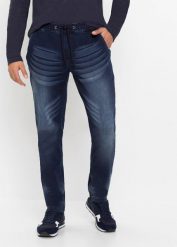 Dżinsy dresowe slim fit, straight. Niebieskie jeansy męskie bonprix. Za 149.99 zł.