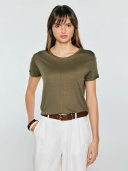 Koszulka damska z domieszką lnu khaki Otria 303. Zielone t-shirty damskie Big Star, l, bez wzorów, z denimu, klasyczne, bez kołnierzyka. Za 99.99 zł.