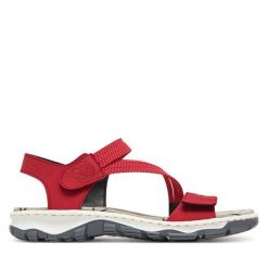 Sandały Rieker. Czerwone sandały damskie Rieker, bez wzorów, bez obcasa, na płaskiej podeszwie, bez zapięcia. Za 219.99 zł.