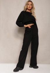 Czarny Bawełniany Komplet Bluza Krótka ze Ściągaczem i Szerokie Spodnie ze Sznurkiem w Pasie Rionnea. Czarne bluzy damskie Renee, l, bez wzorów, z bawełny, bez kaptura. Za 179.99 zł.
