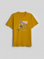 4F T-shirt regular z nadrukiem męski - żółty S. Żółte t-shirty męskie 4f, m, bez wzorów, z bawełny, klasyczne, bez kołnierzyka. Za 79.99 zł.