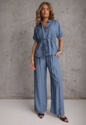 Niebieski Komplet z Wiskozy Spodnie Wide Leg i Bluzka ze Ściągaczem w Talii Daemnell. Niebieskie bluzki damskie Renee, m, bez wzorów, z wiskozy. Za 129.99 zł.