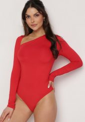 Czerwone Body z Asymetrycznym Dekoltem i Długim Rękawem Ilakia. Czerwone bluzki damskie Born2be, l, bez wzorów, eleganckie, z asymetrycznym kołnierzem, bez ramiączek. Za 89.99 zł.