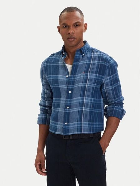 Tommy Hilfiger Koszula Madras Check MW0MW42399 Niebieski Regular Fit. Niebieskie koszule męskie Tommy Hilfiger, m, bez wzorów, ze lnu, bez kołnierzyka, bez ramiączek. Za 361.99 zł.