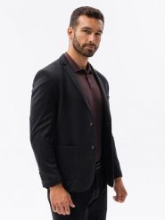 Marynarka męska casual z kontrastowymi elementami - czarna V3. Czarne marynarki męskie Ombre Clothing, bez wzorów, z materiału, casualowe. W wyprzedaży za 109.99 zł.