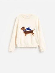 Sweter ze zwierzęcym motywem - kremowy. Białe swetry damskie Reserved, l, bez wzorów, z bawełny, bez kołnierzyka, bez ramiączek, bez kaptura. Za 129.99 zł.