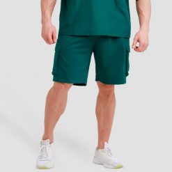 Szorty męskie fitness cargo regular Utility Green. Zielone krótkie spodenki sportowe męskie GYMBEAM, m, bez wzorów, z bawełny, na fitness i siłownię. Za 80.90 zł.