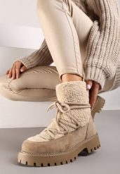 Ciemnobeżowe Futerkowe Śniegowce na Tłoczonej Podeszwie Ozdobionej Cyrkoniami Rialuna. Brązowe śniegowce i trapery damskie Renee, z jeansu. Za 99.99 zł.